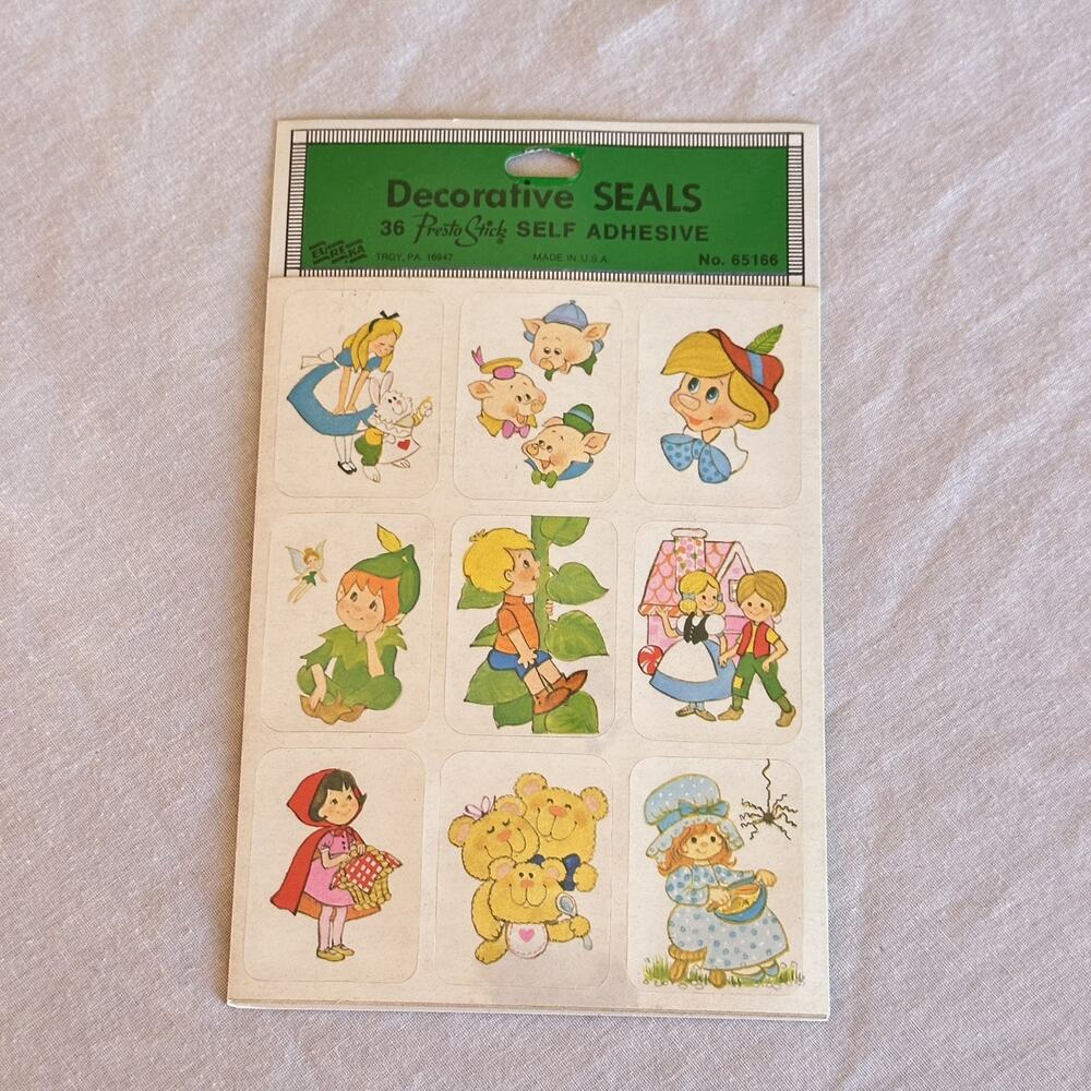 Vintage 80's Eureka Fairy Tale Stickers 4 Sheets 36 Stickers NOS Peter Pan Pigs